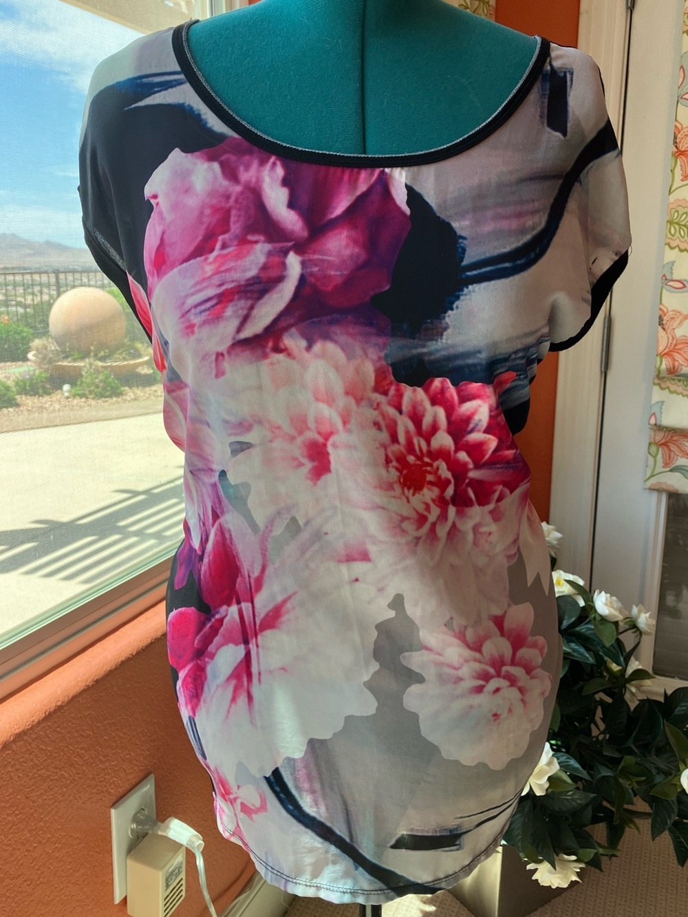 Edista Black Blouse with Floral Mesh overlay with Pink and White Accents 1X